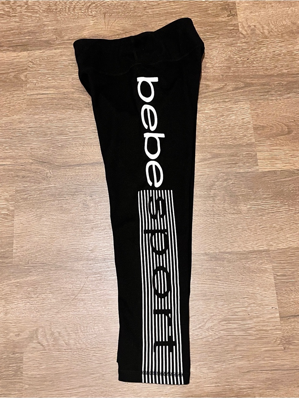 Bebe Sport Black Athletic Leggings | White Logo Stripe Graphic (XS)